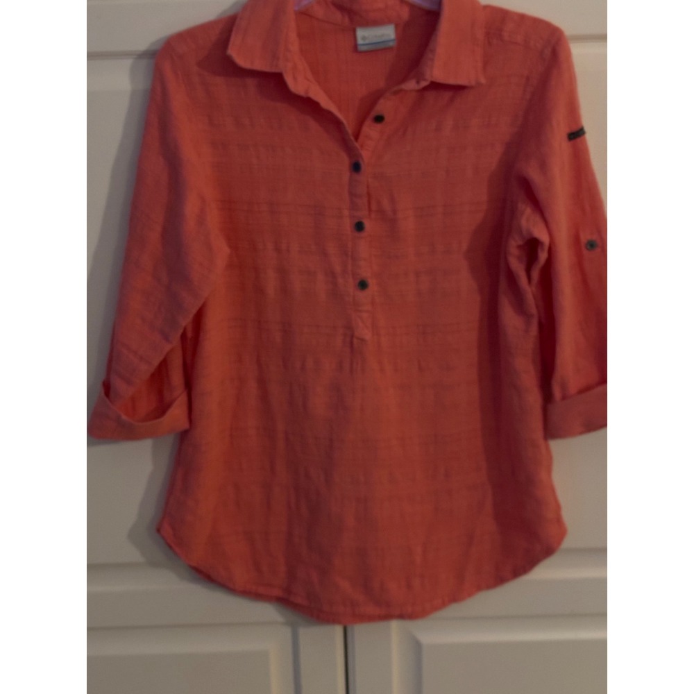 Columbia Womens Coral Orange Textured Cotton Roll Tab Sleeve Henley Top AL2549 M